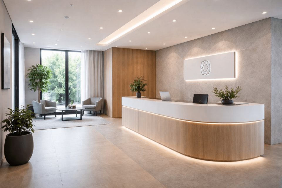 Unser schöner und beleuchteter Empfangsbereich in Neuss